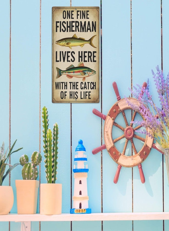Putuo Decor Funny Fishing Sign For Lake House Gone Fishing Tin Sign Vintage One Fine Fisherman Lives Here With The Catch Of His Life Metal Signs For Fishing Gifts Fisherman Decor 8x12 Inches - Image 4